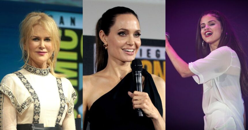 Nicole Kidman and Angelina Jolie at San Diego Comic-Con (photos by Gage Skidmore, 2018 and 2019); Selena Gomez at Oslo Spektrum (photo by Lisa Bjorheim, 2013).