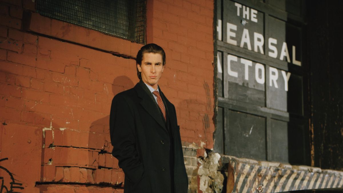 Christian Bale in a BTS still photo from American Psycho